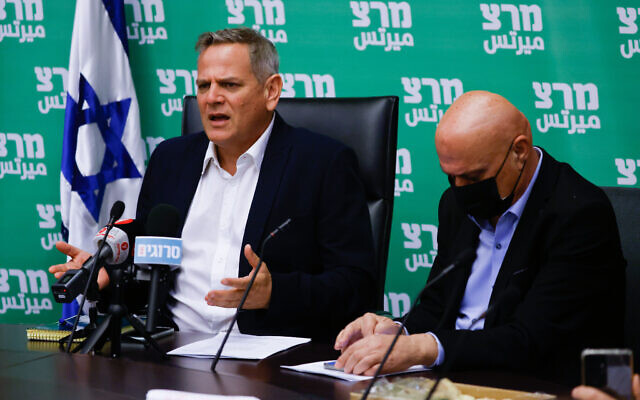 Health Minister Nitzan Horowitz, left, and Minister for Regional Cooperation Issawi Frej, right attend a Meretz faction meeting at the Knesset, in Jerusalem, on July 12, 2021. (Olivier Fitoussi/Flash90) Health Minister Nitzan Horowitz, left, and Minister for Regional Cooperation Issawi Frej, right attend a Meretz faction meeting at the Knesset, in Jerusalem, on July 12, 2021. (Olivier Fitoussi/Flash90)