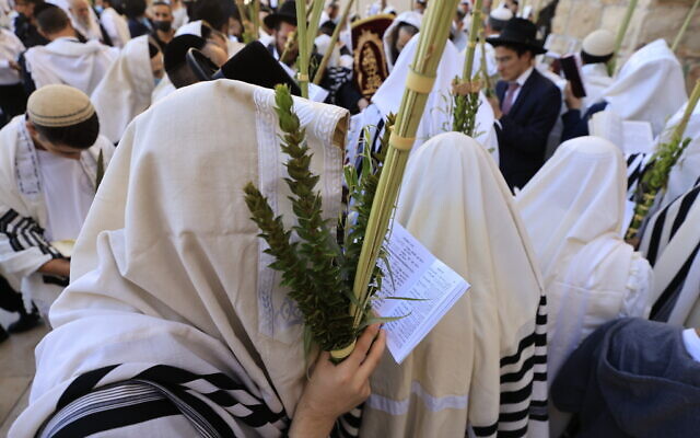 Worshippers pray in front of the Western Wall in Jerusalem's Old City, during the priestly blessing for the festival of Sukkot, on September 22, 2021. (Olivier Fitoussi/Flash90)