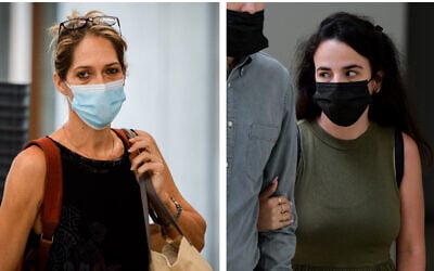 Paternal aunt Aya Biran-Nirko (left) and maternal aunt Gali Peleg arrive at a Tel Aviv family court for a hearing on custody over Eitan Biran, 6, the only survivor of a cable car disaster in Italy, on September 23, 2021. (Avshalom Sassoni/Flash90)