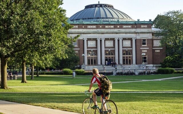A student bikes across campus at the University of Illinois at Urbana-Champaign. (Jeffrey Greenberg/Universal Images Group via Getty Images/JTA) A student bikes across campus at the University of Illinois at Urbana-Champaign. (Jeffrey Greenberg/Universal Images Group via Getty Images/JTA)