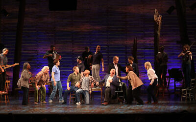The cast of 'Come From Away' at the Gerald Schoenfeld Theatre in New York City, March 12, 2017. (Walter McBride/WireImage/Getty Images via JTA)