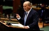 In this photo provided provided by his office, Prime Minister Naftali Bennett addresses the UN General Assembly on September 27, 2021, at UN headquarters in New York. (Avi Ohayon/GPO)
