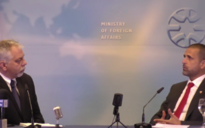 Bahrain's ambassador Khaled Al Jalahma (right) speaks with Foreign Ministry spokesman Lior Haiat during a record-breaking interview marathon, on September 14, 2021 (Screenshot)
