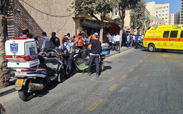 Paramedics at the Jerusalem Central Bus Station after a stabbing attack, September 13, 2021. (Zaka)