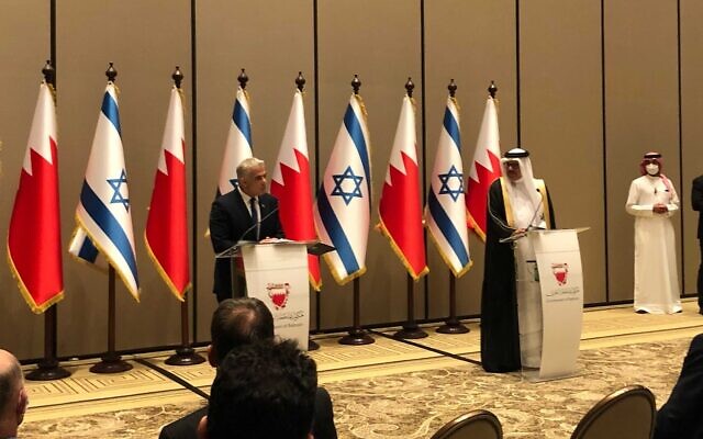 Foreign Minister Yair Lapid holds a press conference with his Bahraini counterpart, Abdullatif Al Zayani in Manama, Bahrain, on September 30, 2021. (Lazar Berman) Foreign Minister Yair Lapid holds a press conference with his Bahraini counterpart, Abdullatif Al Zayani in Manama, Bahrain, on September 30, 2021. (Lazar Berman)