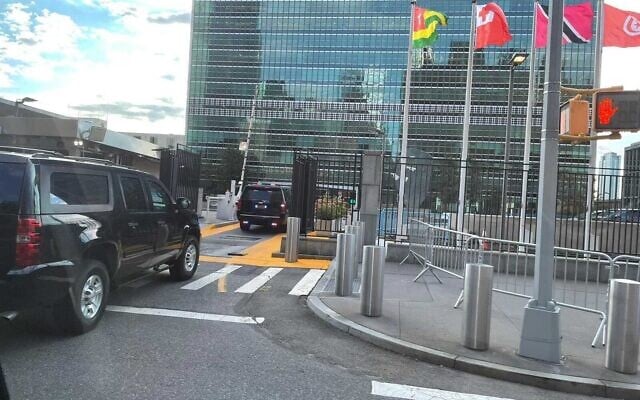 Prime Minister Naftali Bennett’s convoy reaches the United Nations building in New York, ahead of his address to the General Assembly, on September 27, 2021. (Lazar Berman/Times of Israel) Prime Minister Naftali Bennett’s convoy reaches the United Nations building in New York, ahead of his address to the General Assembly, on September 27, 2021. (Lazar Berman/Times of Israel)