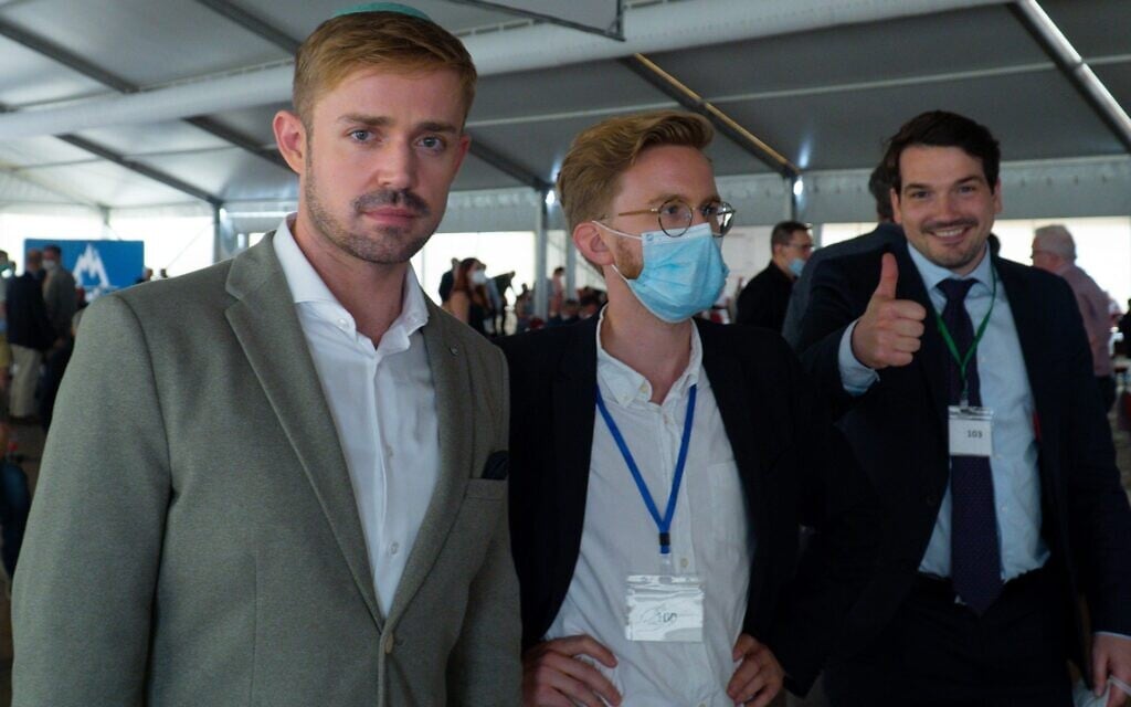 Marcel Goldhammer, left, Julian Potthast and Robert Eschricht at an Alternative for Germany event in Berlin, June 14, 2021. (Courtesy of Goldhammer) Marcel Goldhammer, left, Julian Potthast and Robert Eschricht at an Alternative for Germany event in Berlin, June 14, 2021. (Courtesy of Goldhammer)
