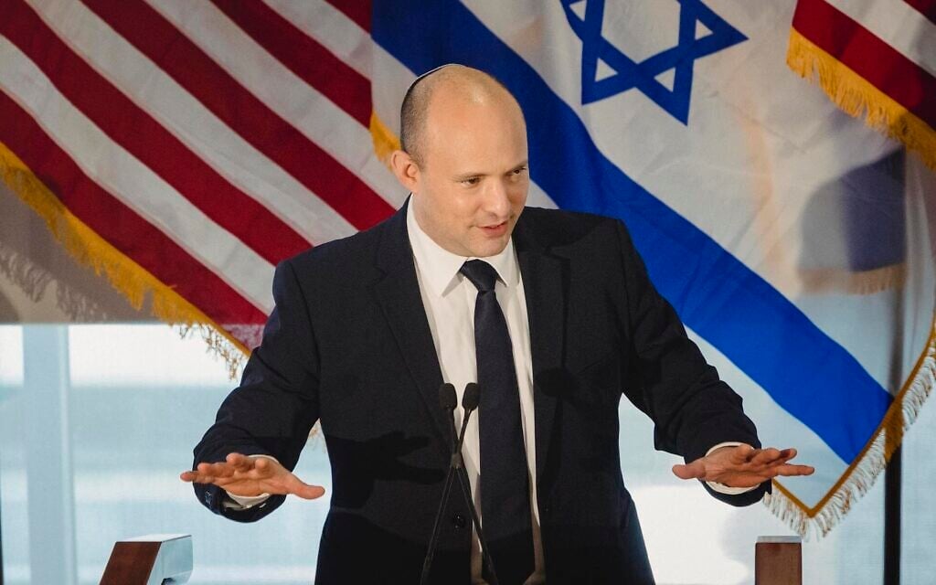 Israeli Prime Minister Naftali Bennett speaks to American Jewish leaders in New York City on Sept. 27, 2021. (Courtesy of the Jewish Federations of North America/Sara Naomi Lewkowicz) Israeli Prime Minister Naftali Bennett speaks to American Jewish leaders in New York City on Sept. 27, 2021. (Courtesy of the Jewish Federations of North America/Sara Naomi Lewkowicz)