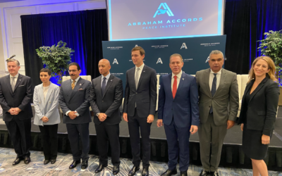 Abraham Accords Peace Institute executive director Rob Greenway, Morocco's Ambassador to the US, Bahrain's Ambassador to the US Sheikh Abdullah bin Rashid al-Khalifa, UAE's Ambassador to the US Yousef al-Otaiba, former White House senior adviser Jared Kushner, Israel's Ambassador to the US Gilad Erdan, Egypt's Ambassador to the US Motaz Zahran, Acting Assistant Secretary of State for Near Eastern Affairs Yael Lempert at a Washington event marking the one year anniversary of the Abraham Accords on September 14, 2021. (Jacob Magid/Times of Israel)