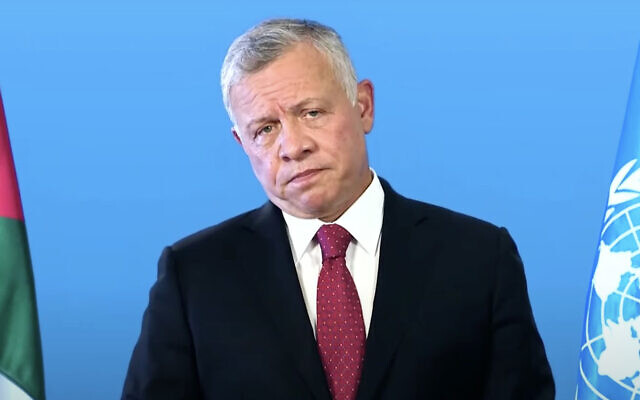 Jordan's King Abdullah addresses the UN General Assembly in a pre-recorded speech aired on September 22, 2021. (Screen capture: YouTube) Jordan's King Abdullah addresses the UN General Assembly in a pre-recorded speech aired on September 22, 2021. (Screen capture: YouTube)