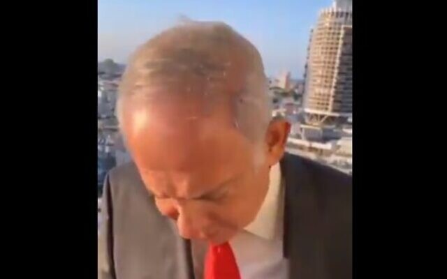 Opposition leader Benjamin Netanyahu imitating a sleeping US President Joe Biden, in a Facebook Live video, September 19, 2021. (Screen capture: Facebook) Opposition leader Benjamin Netanyahu imitating a sleeping US President Joe Biden, in a Facebook Live video, September 19, 2021. (Screen capture: Facebook)
