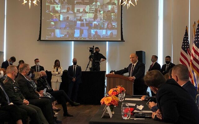 Prime Minister Naftali Bennett addresses leaders of the North American Jewish community, hosted by the Jewish Federations of North America, in New York on September 27, 2021 (Facebook screenshot)
