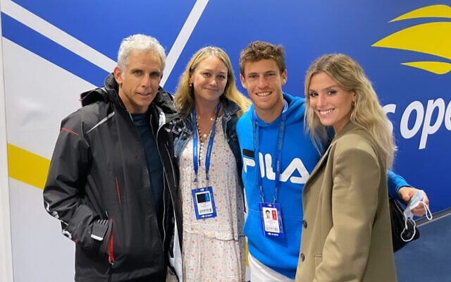 (Left to right) Ben Stiller, Christine Taylor, Diego Schwartzman and Eugenia De Martino at the US Open in New York. (@eugedemartino Instagram stories via JTA) (Left to right) Ben Stiller, Christine Taylor, Diego Schwartzman and Eugenia De Martino at the US Open in New York. (@eugedemartino Instagram stories via JTA)