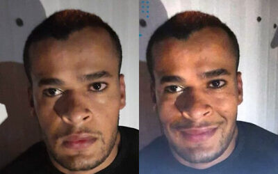 Munadil Nafiyat in an image from the Shin Bet (left) and one doctored for social media (right). (Shin Bet/Screenshot)