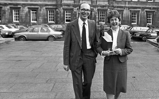 Late minister Mervyn Taylor and lawmaker Nuala Fennell stand in front of praliament in Dublin, Ireland on Nov. 4, 1982. (Independent News And Media/Getty Images via JTA) Late minister Mervyn Taylor and lawmaker Nuala Fennell stand in front of praliament in Dublin, Ireland on Nov. 4, 1982. (Independent News And Media/Getty Images via JTA)