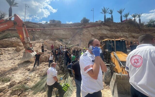 First responders are seen the site of the collapse in Kafr Kanna, September 28, 2021. (Magen David Adom) First responders are seen the site of the collapse in Kafr Kanna, September 28, 2021. (Magen David Adom)