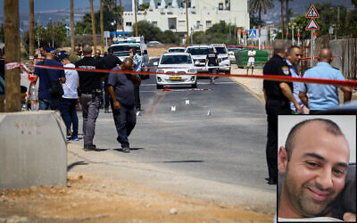 Israeli security forces at the scene in which a car ran over two police officers and killed one of them in the northern Israeli city of Nahariya, September 21, 2021 (Alon Nadav/Flash90); Inset: Slain police volunteer Hossam Zaghir (Courtesy)