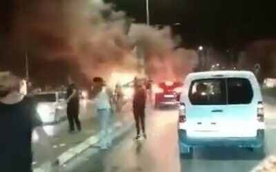Screen grab of footage said to show disturbances at the Hawara checkpoint in the West Bank, September 11, 2021 (Twitter)