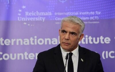 Foreign Minister Yair Lapid speaking at the annual Herzliya Conference, September 12, 2021. (Ronen Toppleberg)