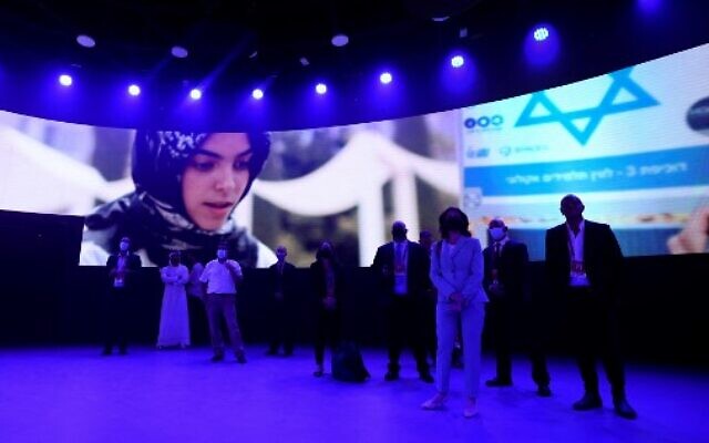 Environmental Minister Tamar Zandberg visits Israel's pavilion at Expo 2020 in Dubai, on October 4, 2021. (Karim Sahib/AFP)