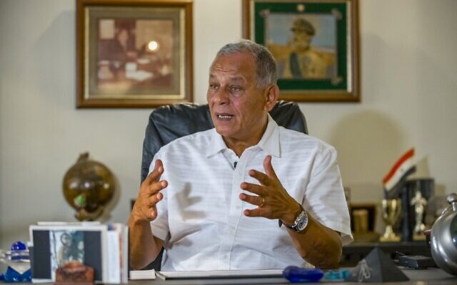 Mohamed Sadat, nephew of former Egyptian president Anwar Sadat, speaks during an interview with AFP at his office in the capital Cairo, on September 19, 2021. (Khaled DESOUKI / AFP)