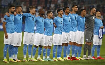 Israel's players sing their national anthem ahead of the 2022 Qatar World Cup Asian Qualifiers football match between Israel and Moldova, at the Turner Stadium in the Israeli southern city of Beersheba, on October 12, 2021. (Jack Guez/AFP, File)