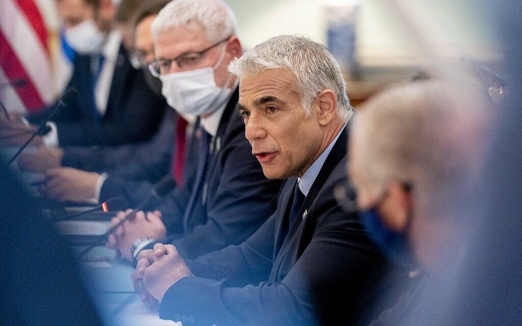 Foreign Minister Yair Lapid speaks during a bilateral meeting with US Secretary of State Antony Blinken at the State Department in Washington, DC, on October 13, 2021. (Andrew Harnik/Pool/AFP) Foreign Minister Yair Lapid speaks during a bilateral meeting with US Secretary of State Antony Blinken at the State Department in Washington, DC, on October 13, 2021. (Andrew Harnik/Pool/AFP)