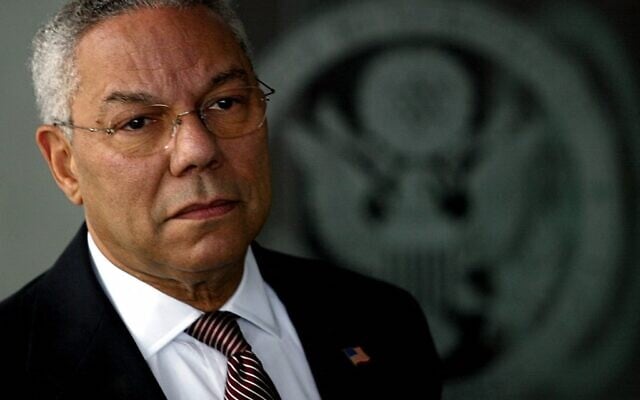 Former US secretary of state Colin Powell listens to a question from a reporter outside the front doors of the State Department in Washington, DC, on September 8, 2003. (Tim SLOAN / AFP / File) Former US secretary of state Colin Powell listens to a question from a reporter outside the front doors of the State Department in Washington, DC, on September 8, 2003. (Tim SLOAN / AFP / File)