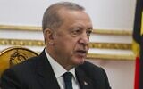 Turkish President Recep Tayyip Erdogan is seen during an official state visit to Angola at the presidential palace in Luanda, on October 18, 2021. (Osvaldo Silva/AFP)