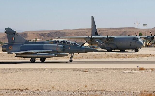 An Indian air force Mirage 2000 fighter taxis after landing during the Blue Flag multinational aerial exercise at the Ovda air force base, north of the Israeli city of Eilat, on October 24, 2021. (JACK GUEZ / AFP)