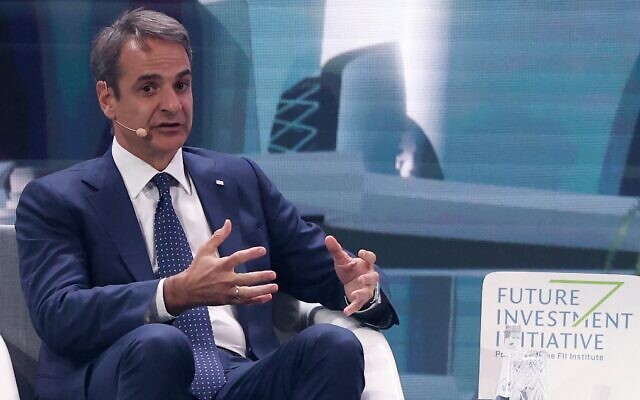 Greek Prime Minister Kyriakos Mitsotakis participates in a session at the annual Future Investment Initiative conference in the Saudi capital Riyadh, on October 26, 2021. (Fayez Nureldine/AFP)