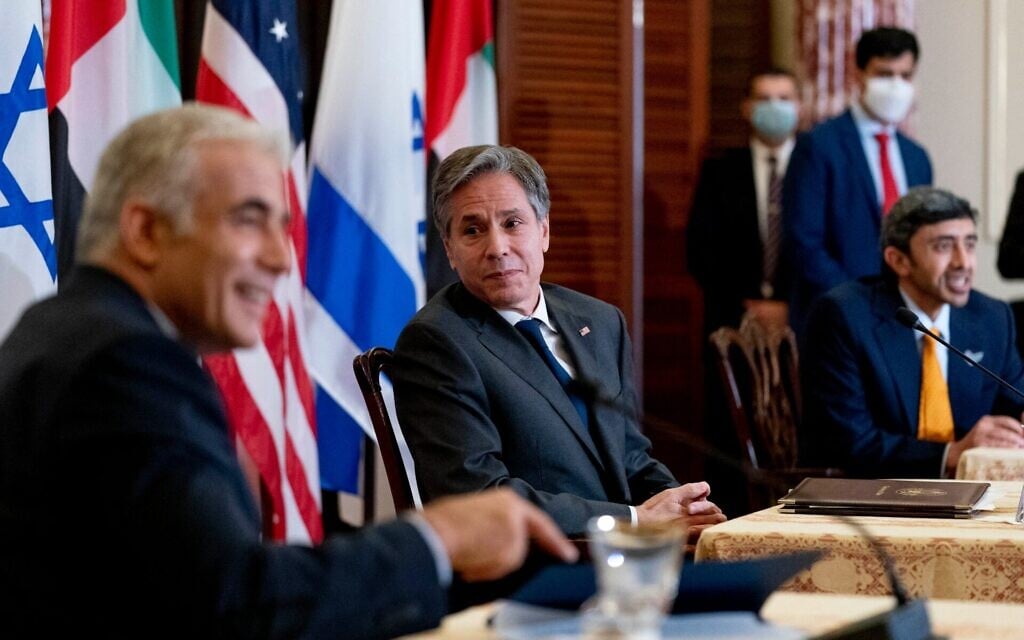 From left: Foreign Minister Yair Lapid, US Secretary of State Antony Blinken and United Arab Emirates Foreign Minister Sheikh Abdullah bin Zayed al-Nahyan take part in a joint news conference at the State Department in Washington, on October 13, 2021. (Andrew Harnik/Pool/AFP/via Getty Images) From left: Foreign Minister Yair Lapid, US Secretary of State Antony Blinken and United Arab Emirates Foreign Minister Sheikh Abdullah bin Zayed al-Nahyan take part in a joint news conference at the State Department in Washington, on October 13, 2021. (Andrew Harnik/Pool/AFP/via Getty Images)