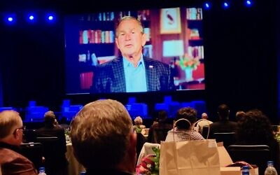 Former President George W. Bush, appearing via video, was a keynote speaker at the Eradicate Hate Global Summit, held Oct. 18-20, 2021 in Pittsburgh, Pennsylvania. (David Rullo/Pittsburgh Jewish Chronicle via JTA)