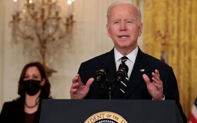 President Joe Biden delivers remarks about his proposed ‘Build Back Better’ social spending bill as Vice President Kamala Harris looks in the East Room of the White House, October 28, 2021. (Chip Somodevilla/Getty Images via JTA)