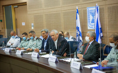 Defense Minister Benny Gantz speaks to the Knesset's Foreign Affairs and Defense Committee, on October 19, 2021. (Noam Mushkovitz/Knesset Spokesperson)