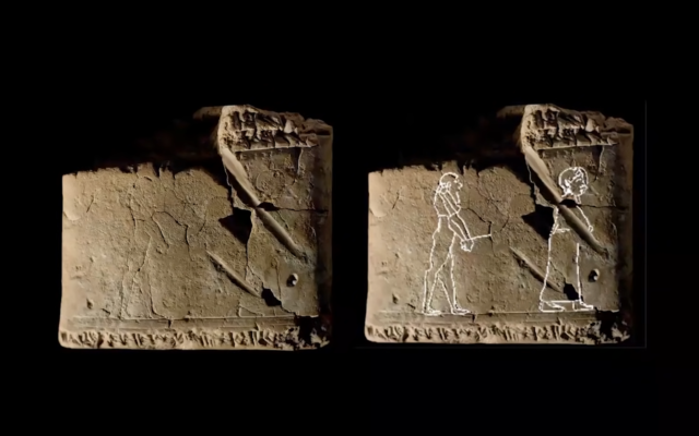 A spirit is seen being led to the afterlife by a lover on a Babylonian clay tablet. The white line tracing is by Chris Cobb for Irving Finkel's book, The First Ghosts: Most Ancient of Legacies. (Screenshot/ Youtube/Archaeology Now)