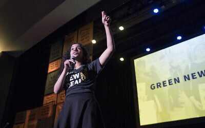 Sunrise Movement co-founder Varshini Prakash addresses The Road to the Green New Deal Tour final event at Howard University in Washington, Monday, May 13, 2019. (AP/Cliff Owen)