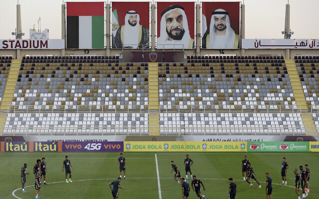 Illustrative -- Under the images of UAE leaders, Brazil's players train during a practice session in Abu Dhabi, United Arab Emirates, Nov. 12, 2019 (AP Photo/Kamran Jebreili) Illustrative -- Under the images of UAE leaders, Brazil's players train during a practice session in Abu Dhabi, United Arab Emirates, Nov. 12, 2019 (AP Photo/Kamran Jebreili)
