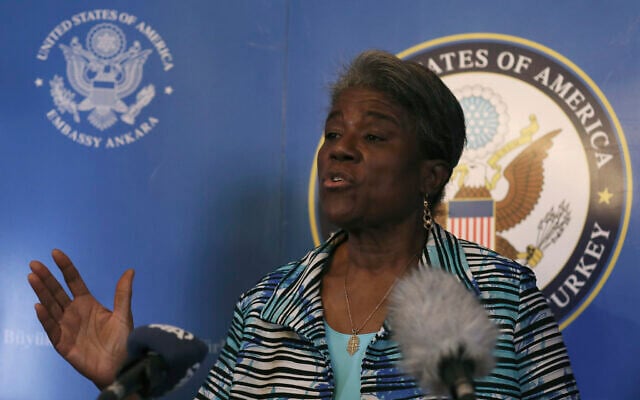 Linda Thomas-Greenfield, US Ambassador to the United Nations, speaks to the media in Ankara, Turkey, on June 4, 2021. (AP/Burhan Ozbilici) Linda Thomas-Greenfield, US Ambassador to the United Nations, speaks to the media in Ankara, Turkey, on June 4, 2021. (AP/Burhan Ozbilici)