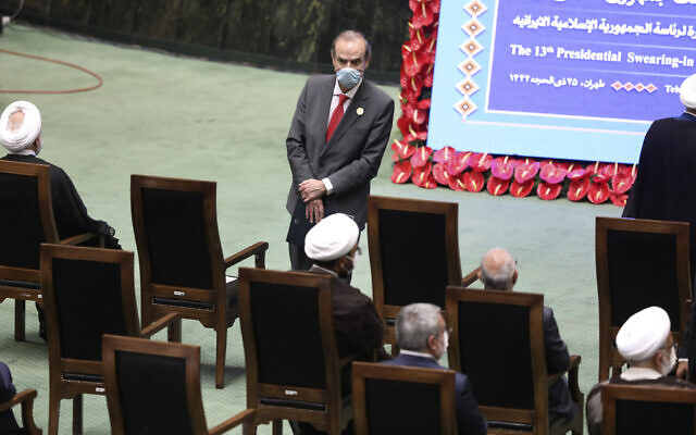 Deputy Secretary General and Political Director of the European External Action Service (EEAS), Enrique Mora, center, arrives to attend the swearing-in ceremony of Iranian President Ebrahim Raisi at the parliament in Tehran, Iran, August 5, 2021. (Vahid Salemi/AP) Deputy Secretary General and Political Director of the European External Action Service (EEAS), Enrique Mora, center, arrives to attend the swearing-in ceremony of Iranian President Ebrahim Raisi at the parliament in Tehran, Iran, August 5, 2021. (Vahid Salemi/AP)