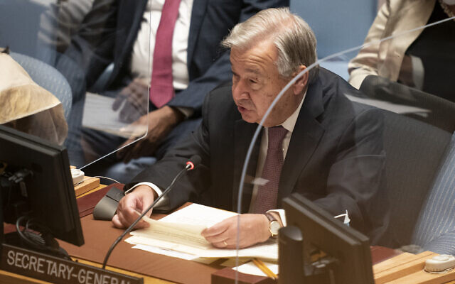 Antonio Guterres, secretary-general of the United Nations, speaks during a meeting of the UN Security Council, September 23, 2021, during the 76th Session of the UN General Assembly in New York. (AP Photo/John Minchillo, Pool)