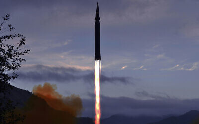 Illustrative: A new hypersonic missile launched from Toyang-ri, Ryongrim County, Jagang Province, North Korea, September 28, 2021. (Korean Central News Agency/Korea News Service via AP)