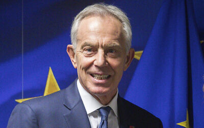 Former British Prime Minister Tony Blair is shown ahead of a meeting at the EU Charlemagne building in Brussels, in this November 6, 2019, file photo. (Stephanie Lecocq/Pool via AP, File)