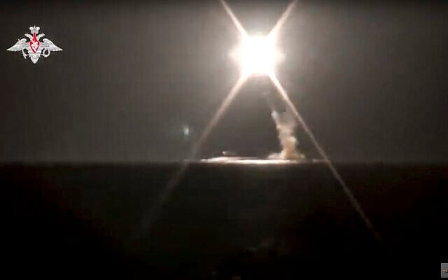 A new Zircon hypersonic cruise missile is launched by a submarine of the Russian navy from the Barents Sea, October 4, 2021. (Russian Defense Ministry Press Service via AP)