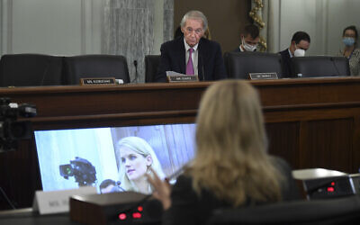 Sen. Ed Markey questions former Facebook data scientist Frances Haugen speaks during a hearing of the Senate Commerce, Science, and Transportation Subcommittee on Consumer Protection, Product Safety, and Data Security, on Capitol Hill, Oct. 5, 2021, in Washington.  (Matt McClain/The Washington Post via AP, Pool)