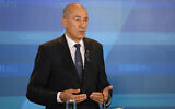 Slovenia's Prime Minister Janez Jansa speaks during a media conference at the conclusion of an EU summit at the Brdo Congress Center in Kranj, Slovenia, Wednesday, Oct. 6, 2021. (AP Photo/Darko Bandic)