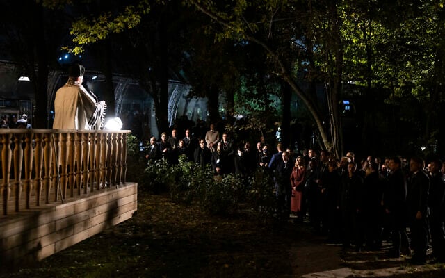 A rabbi prays during commemorative events marking the 80th anniversary of the Babi Yar massacre of Kyiv Jews perpetrated by German occupying forces in 1941 in Kyiv, Ukraine, Wednesday, Oct. 6, 2021. (Ukrainian Presidential Press Office via AP) A rabbi prays during commemorative events marking the 80th anniversary of the Babi Yar massacre of Kyiv Jews perpetrated by German occupying forces in 1941 in Kyiv, Ukraine, Wednesday, Oct. 6, 2021. (Ukrainian Presidential Press Office via AP)