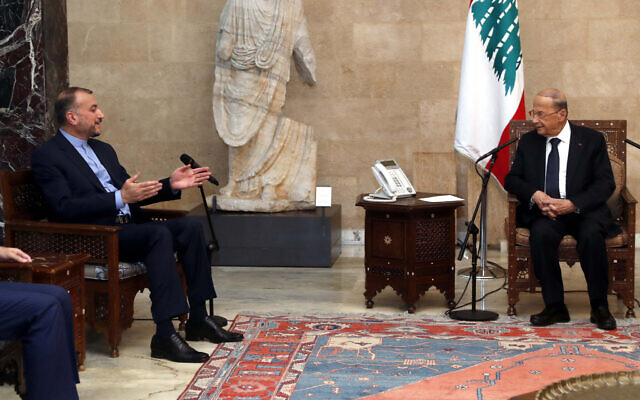 Lebanese President Michel Aoun, right, meets with Iranian Foreign Minister Hossein Amirabdollahian, at the presidential palace, in Baabda, east of Beirut, Lebanon, October 7, 2021. (Dalati Nohra via AP) Lebanese President Michel Aoun, right, meets with Iranian Foreign Minister Hossein Amirabdollahian, at the presidential palace, in Baabda, east of Beirut, Lebanon, October 7, 2021. (Dalati Nohra via AP)