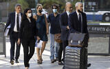 Aya Biran, third from left, a paternal aunt of Eitan Biran, who survived a cable car crash in Italy that killed his immediate family, arrives to court in Tel Aviv Friday, Oct. 8, 2021. ( AP Photo/Tsafrir Abayov)