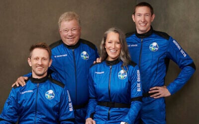 This undated photo made available by Blue Origin in October 2021 shows, from left, Chris Boshuizen, William Shatner, Audrey Powers and Glen de Vries. Their launch was scheduled for October 13, 2021. (Blue Origin via AP)